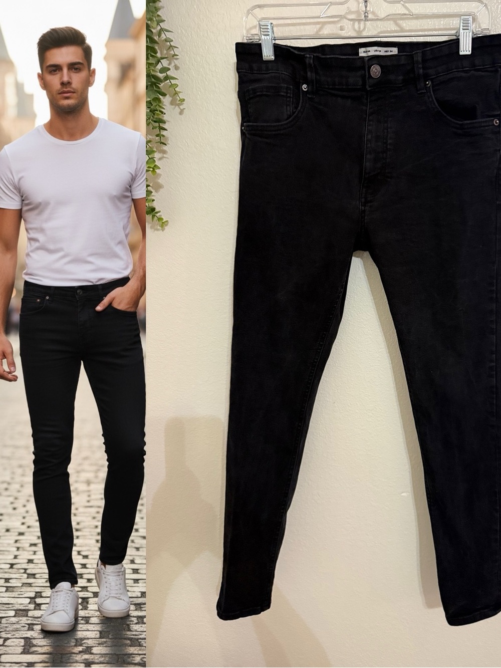 Pull&Bear Men’s Super Skinny Black Jeans Size 34 Faded Stretch Denim